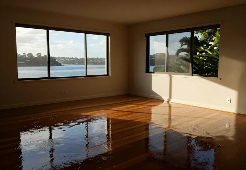 Flooded living room in Emu Heights home before restoration